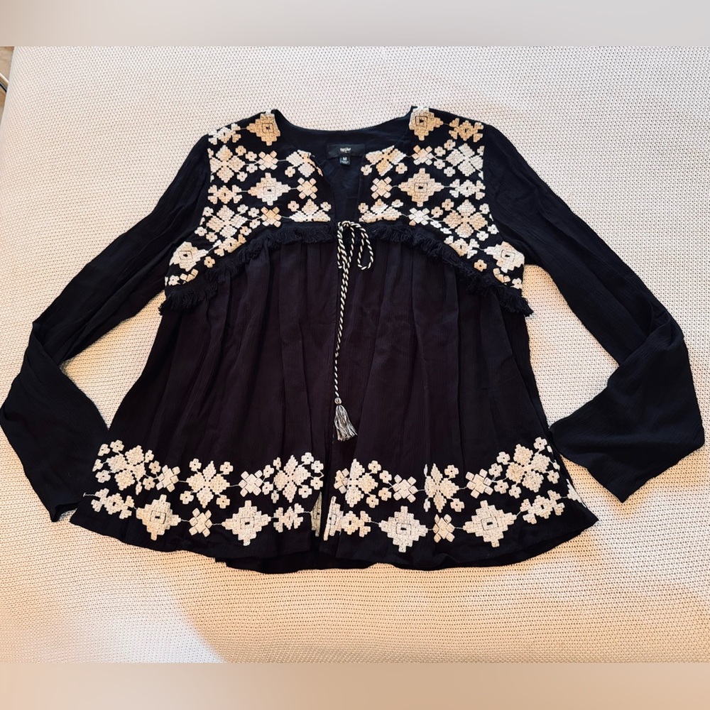 MOSSIMO Bohemian Long Sleeve Black Peasant Blouse Top w White Embroidery - Picture 3 of 11